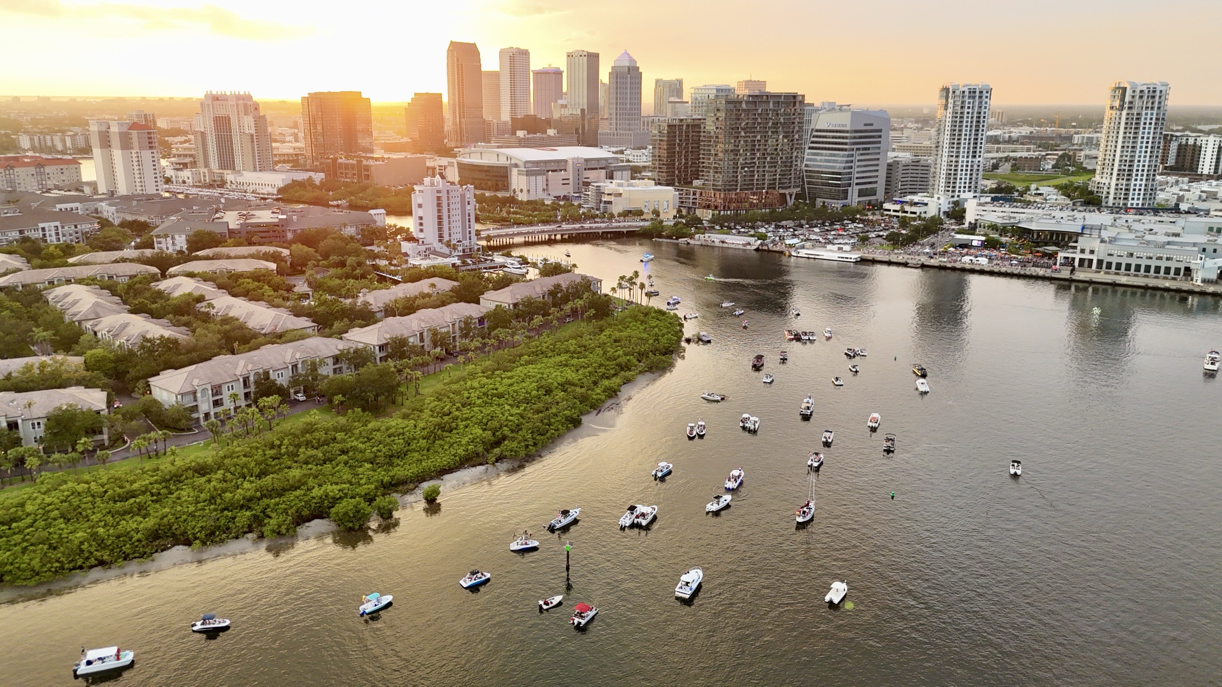Original sunset aerial photograph of downtown Tampa and the waterfront